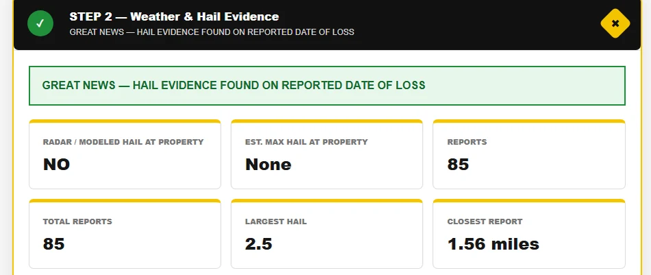 ClaimProof hail evidence metrics showing 85 hail reports, largest hail of 2.5 inches and closest report 1.56 miles from the insured property